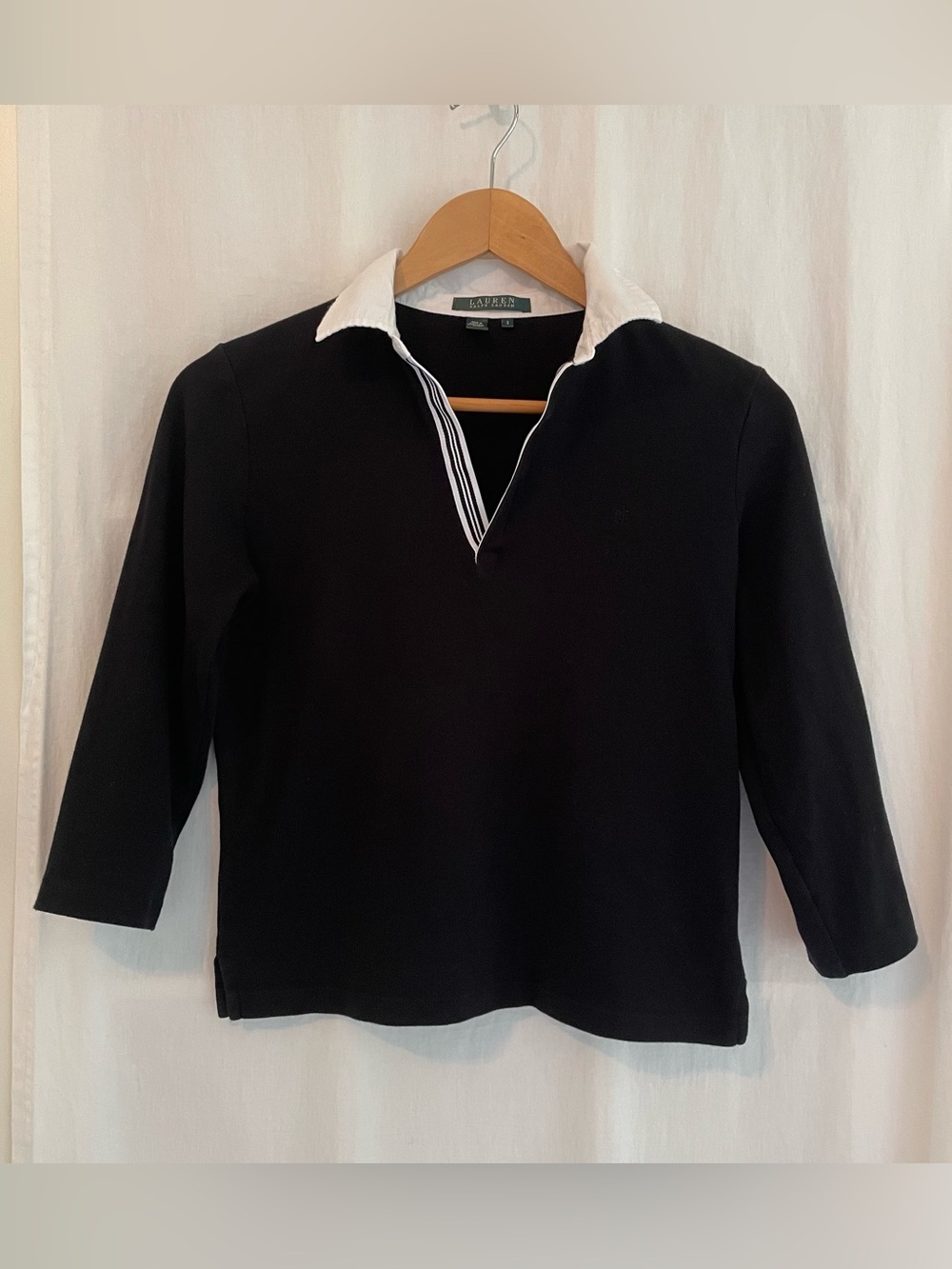 Lauren Ralph Lauren Black Polo Top with White Contrast Collar, 3/4 Sleeves